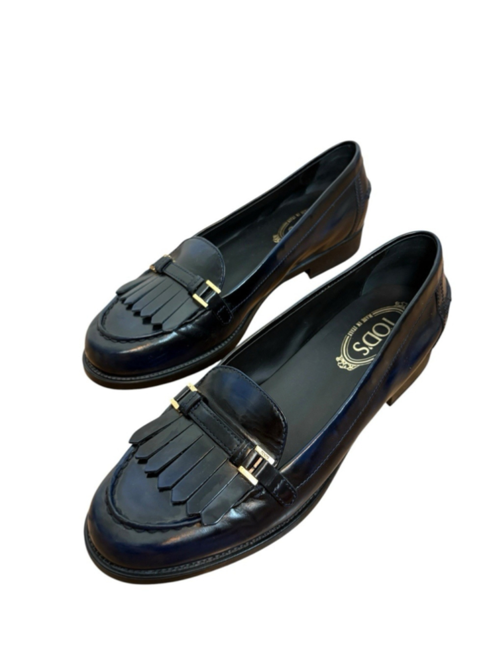 TOD’S Kiltie Fringe Driving Loafers Navy Blue Leather Slip On Flats Women’s 40.5